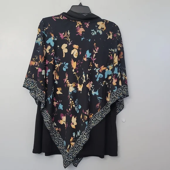 Slim Factor By Investments Floral Print Short Sleeve V-Neck Tie Layer Poncho Top - Picture 3 of 11